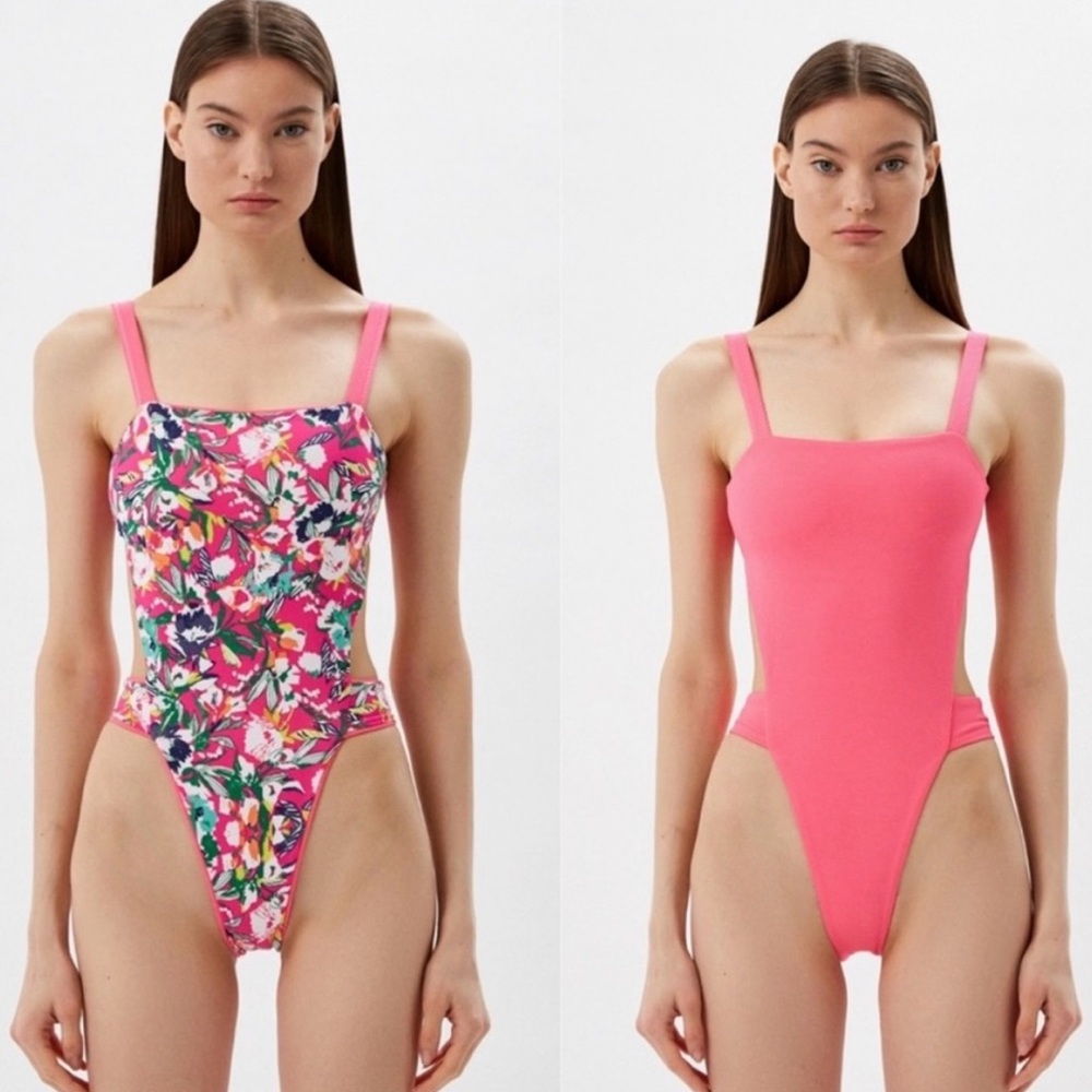 Women’s Pink Floral & Solid Reversible One-Piece Swimsuit